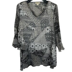 OneWorld Live Let‎ Live Black White Sheer Patchwork Paisley Blouse Womens Large
